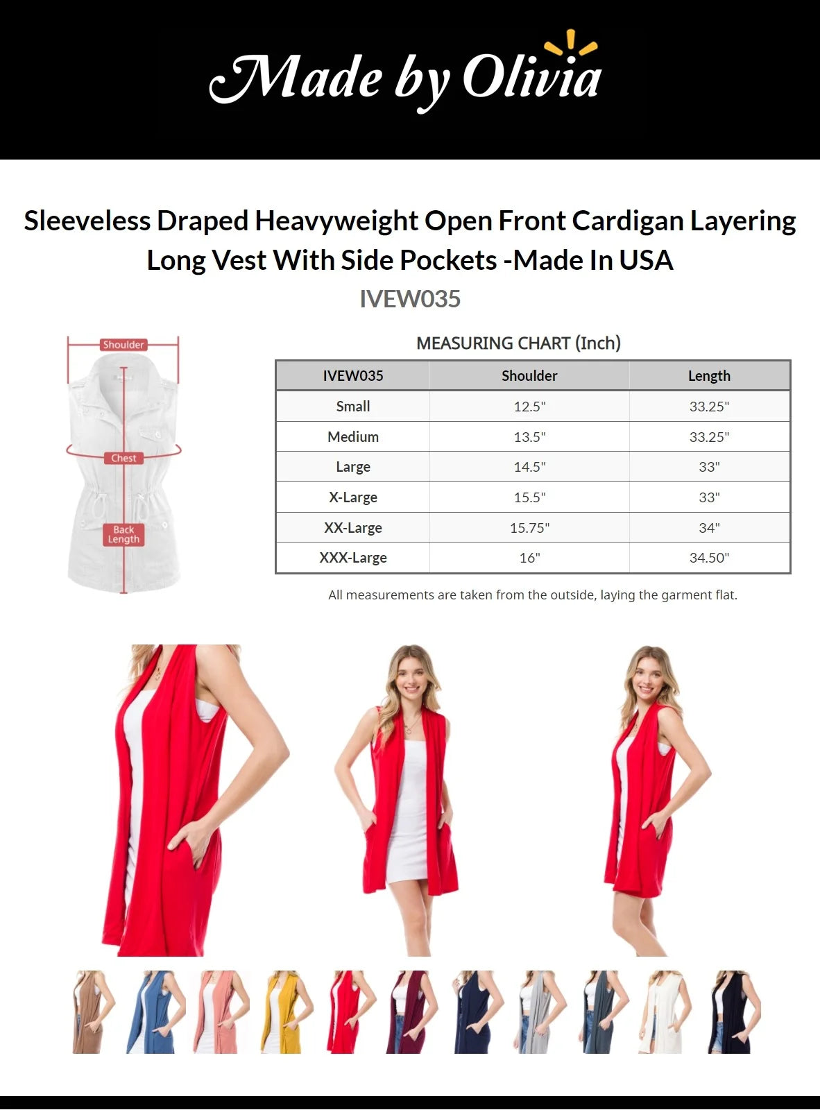 Sleeveless Heavyweight Open Front Cardigan Long Vest With Side Pockets T727