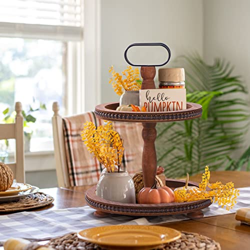 Dark Brown Wooden Two Tiered Serving Tray with Metal Handle S764