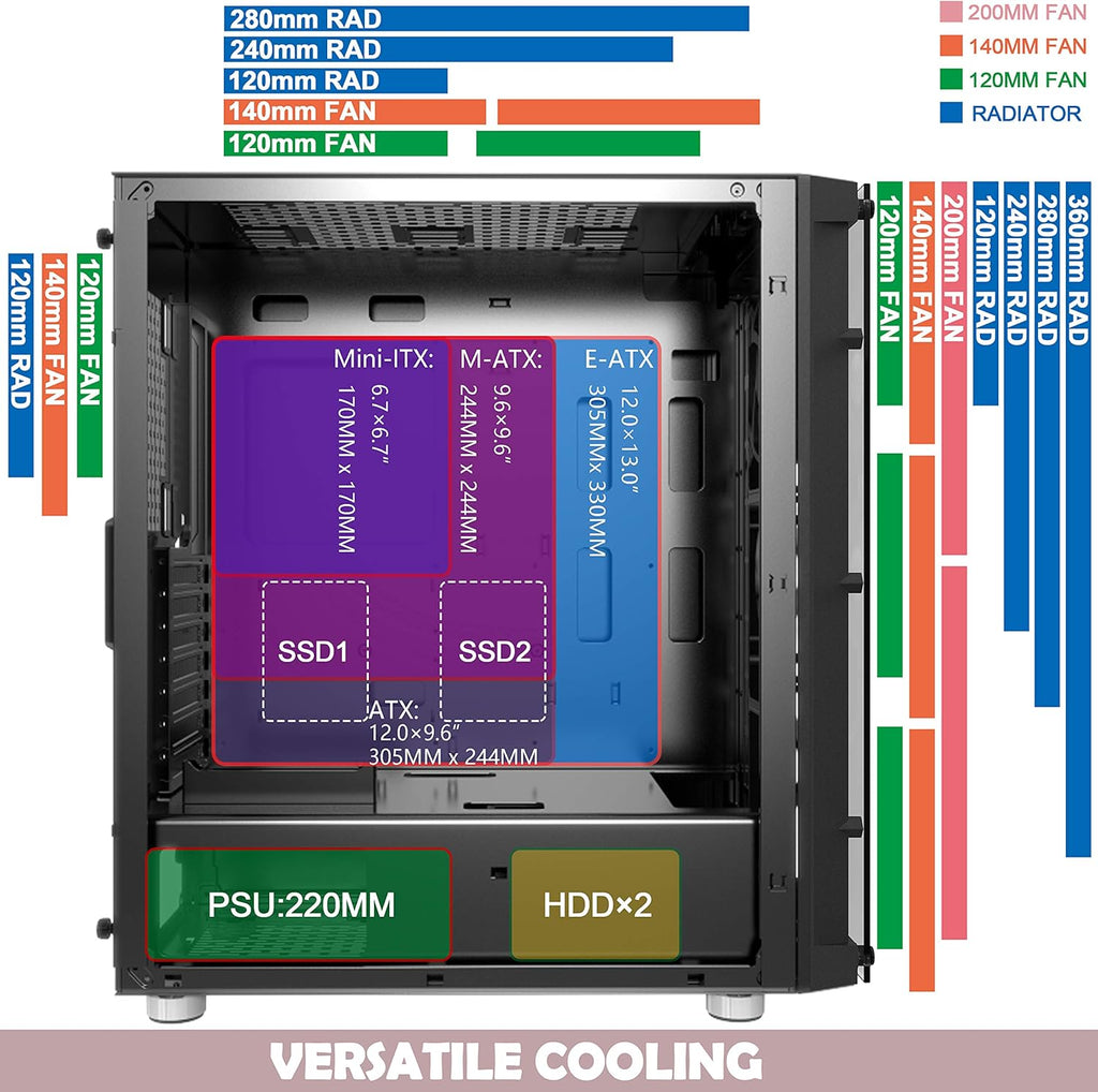 ATX Mid Tower Computer Case with Tempered Glass D892869