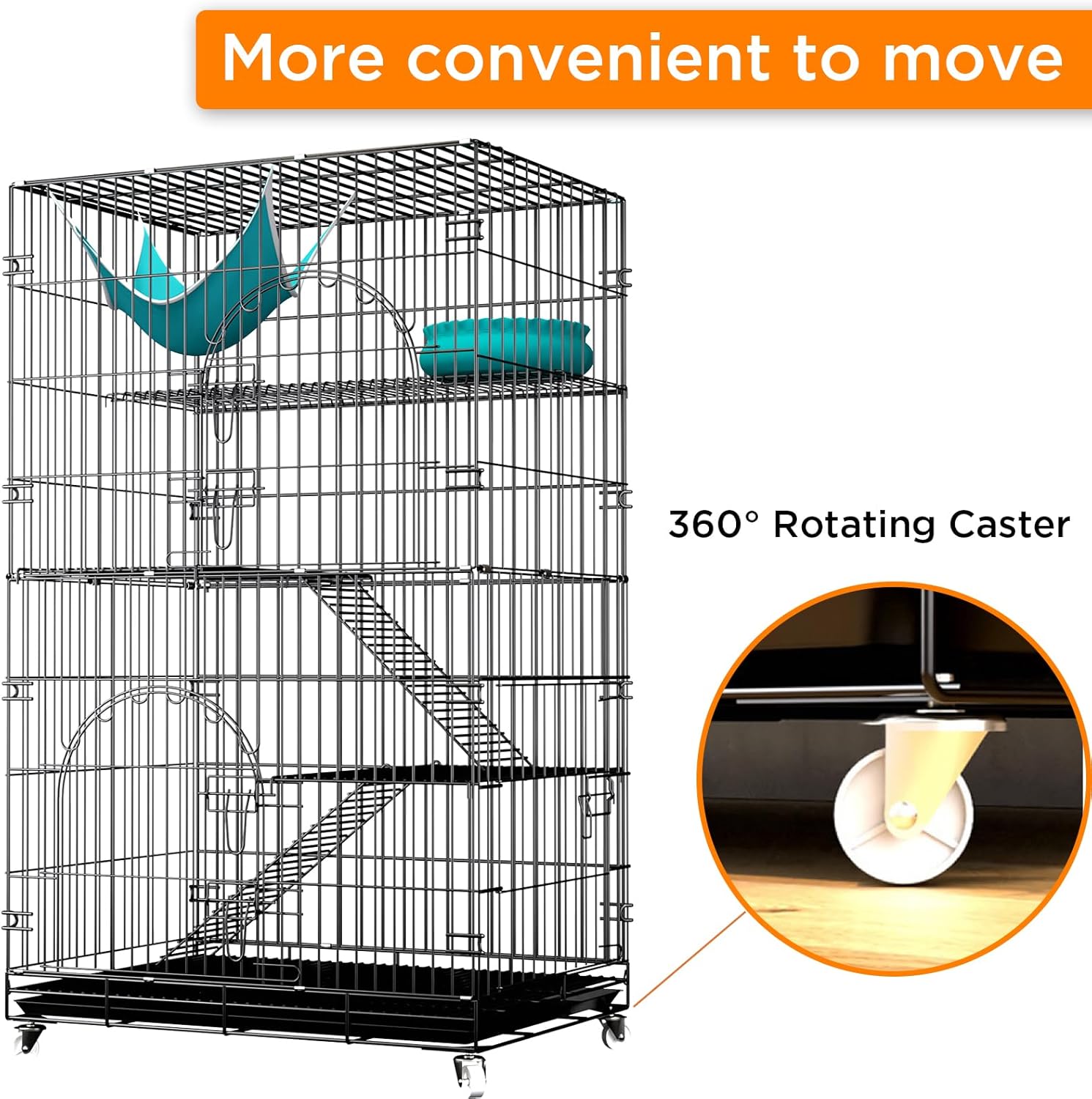 46 inch 3-Tier Folding Metal Wire Cat Cage with Wheels Shelves Ladders Tray R194449
