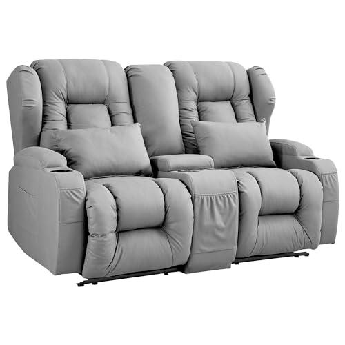 Beige Manual Reclining Loveseat Sofa with Console and Cup Holders M1182