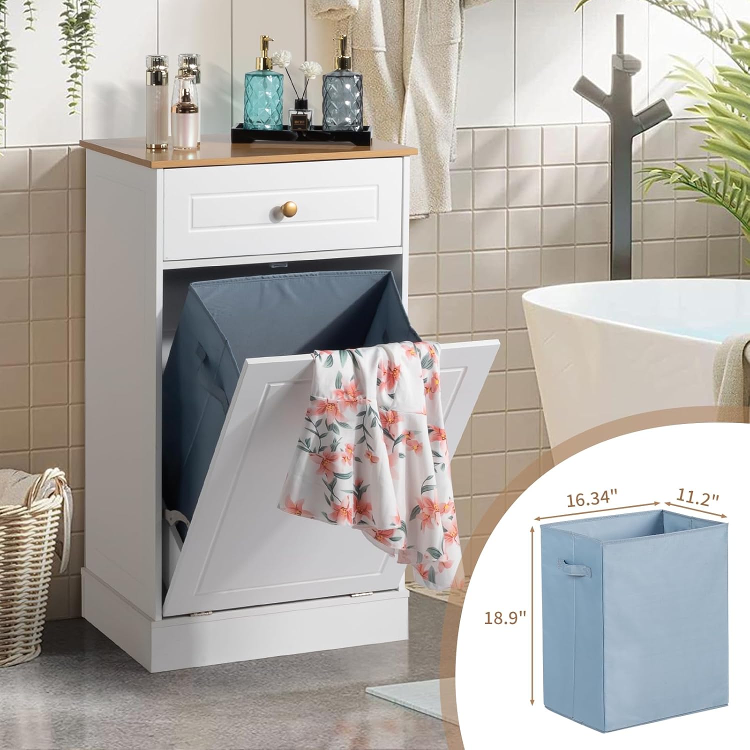White Tilt Out Laundry Hamper Cabinet with Drawer K152510