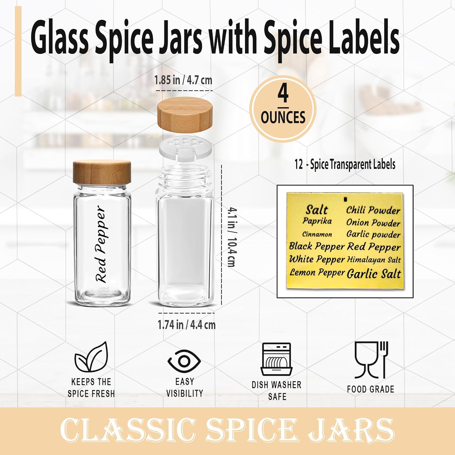 2 Pack 4 oz Clear Square Glass Spice Jars with Bamboo Airtight Lids and Shaker Lids V869
