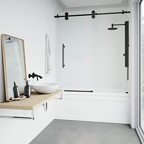 Matte Black Frameless Sliding Rectangle Tub Door with Clear Tempered Glass and Stainless Steel Hardware Q92163
