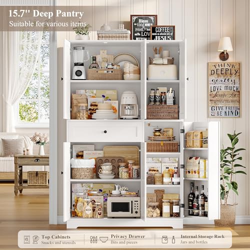 White Tall Kitchen Pantry Storage Cabinet with Doors and Shelves and Drawer H490315