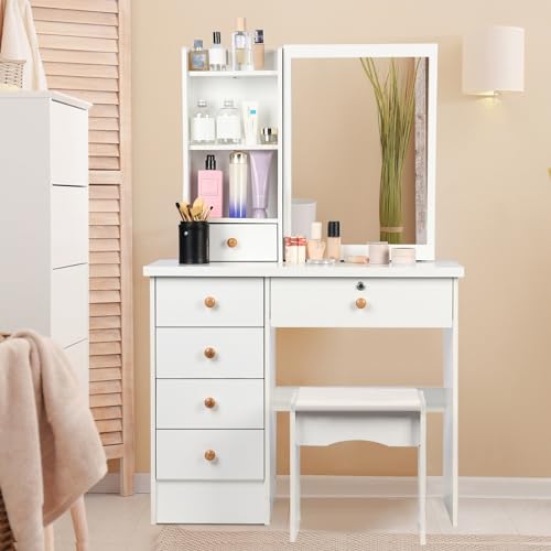 White Makeup Vanity Desk with Mirror and Storage Drawer J8382