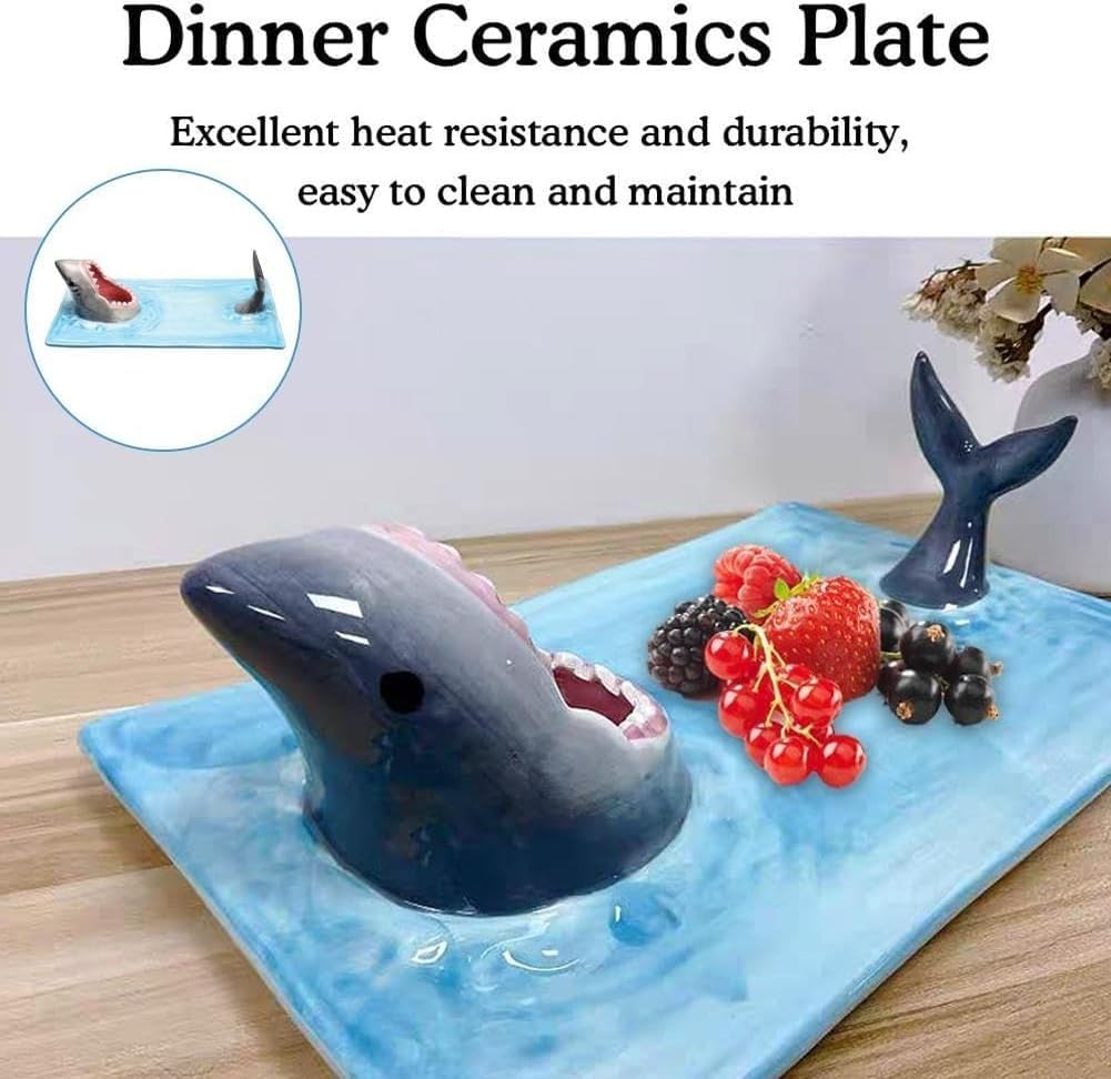 Shark Plate With Sauce Compartment, Handmade Ceramic Sushi Platter S6704