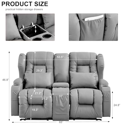 Beige Manual Reclining Loveseat Sofa with Console and Cup Holders M1182