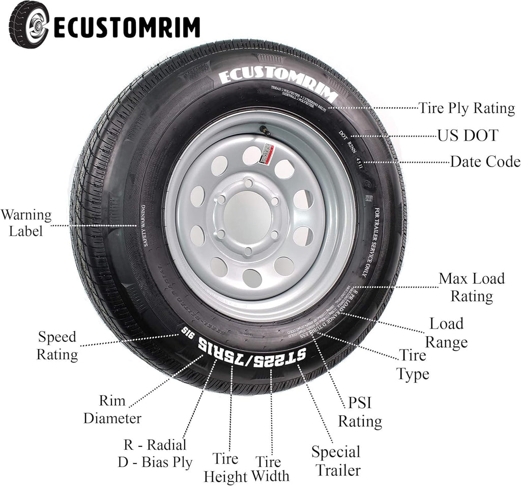 ST225/75R15 Trailer Tire on Black Aluminum 6 Lug Wheel U25161