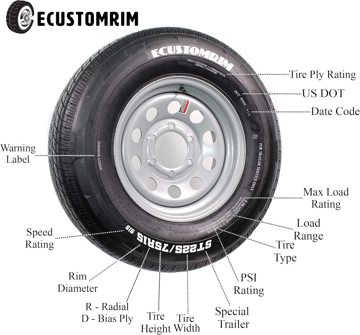 ST225/75R15 Trailer Tire on Black Aluminum 6 Lug Wheel U25161