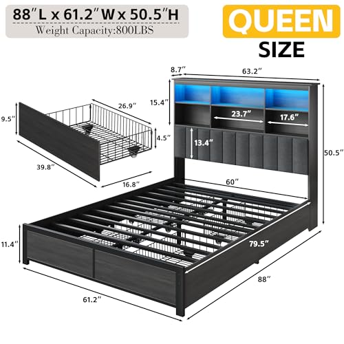 Rustic Grey Queen Bed Frame with Headboard, 4 Storage Drawers, Charging Station, LED N759