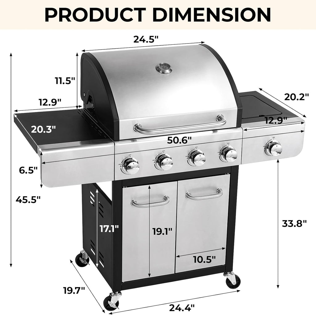 4-Burner Stainless Steel Propane Gas Grill with Side Burner L49776