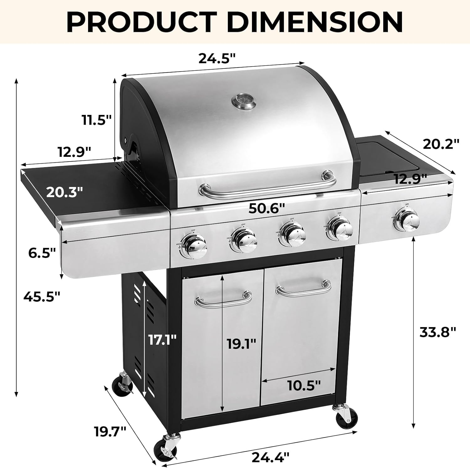 4-Burner Stainless Steel Propane Gas Grill with Side Burner L49776