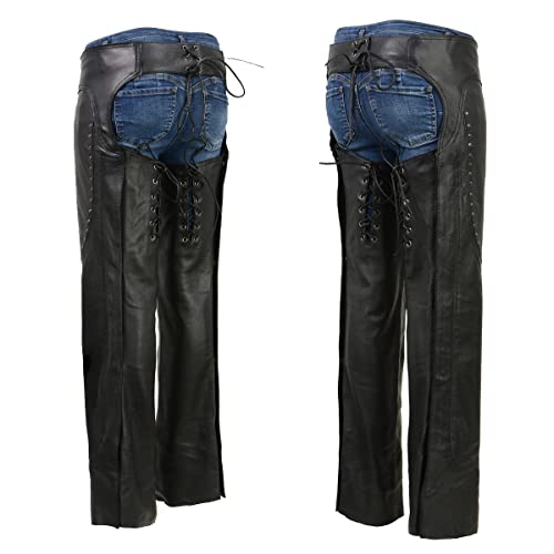 Black Low-Rise Waist Front Double Buckle Rivet Detailing Motorcycle Chaps G317
