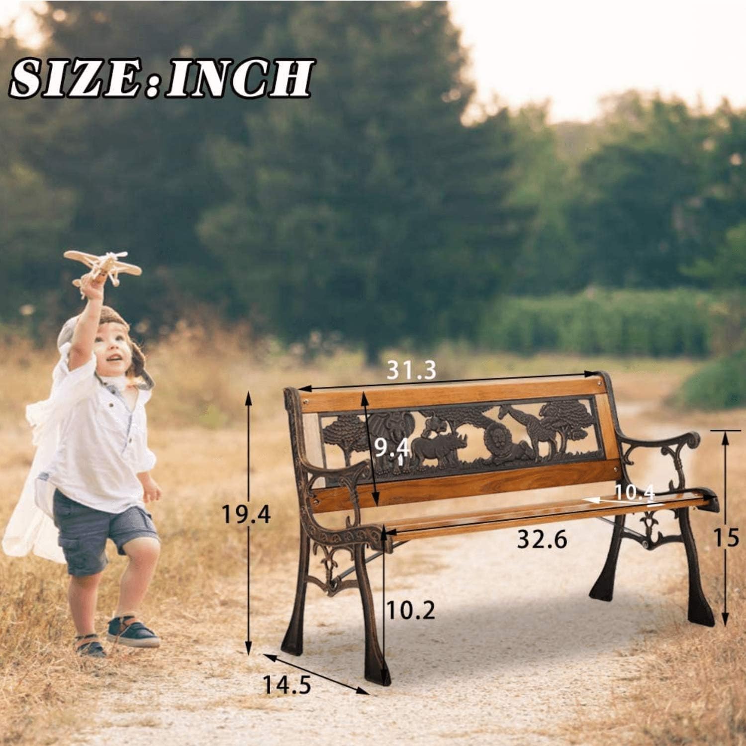 Antique Safari Animal Hardwood Bench with Metal Frame H731
