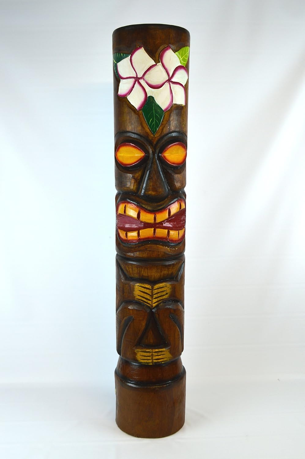 3 FT Hand Carved Wood Hibiscus Plumeria Flower Tiki Totem Pole Statue O75754