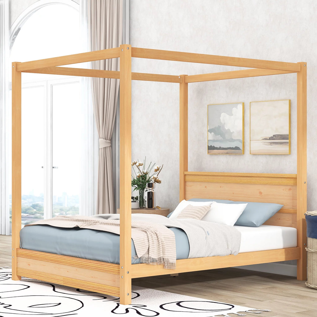 Wood Queen Size Canopy Platform Bed with Headboard O523336