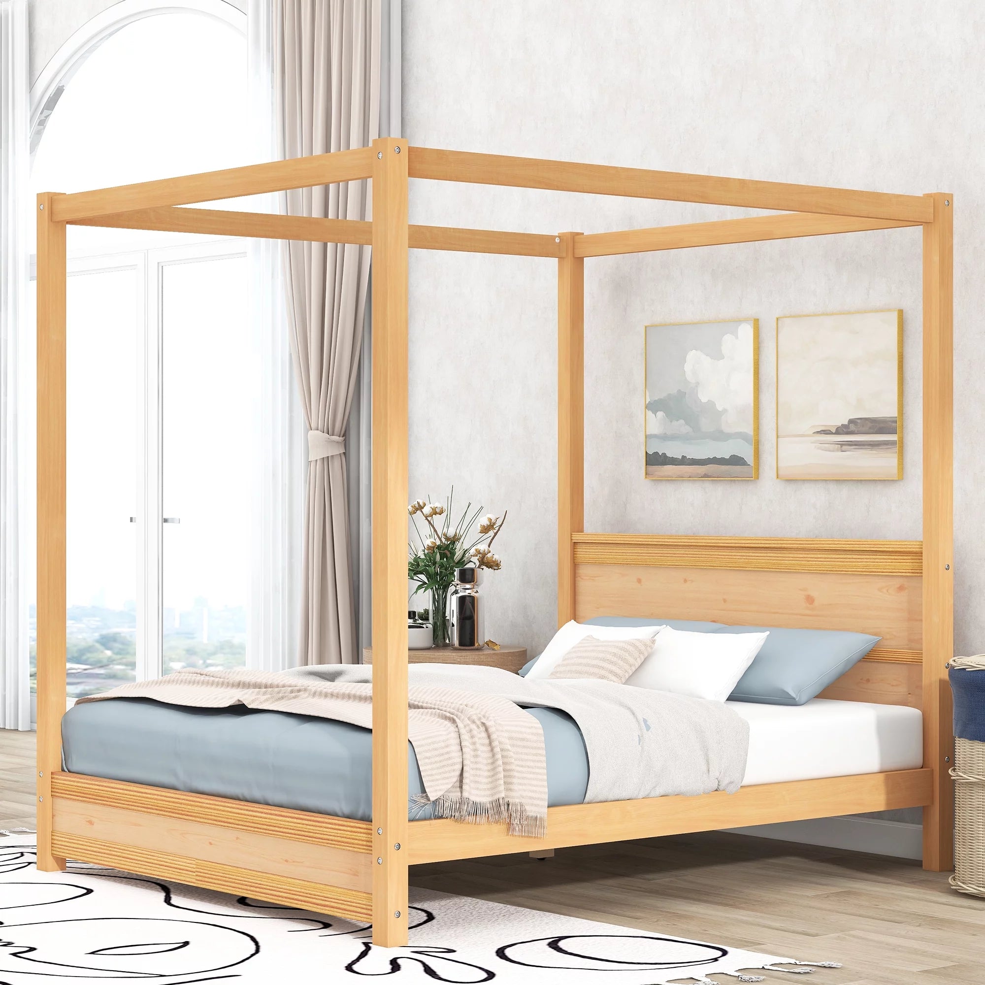 Wood Queen Size Canopy Platform Bed with Headboard O523336