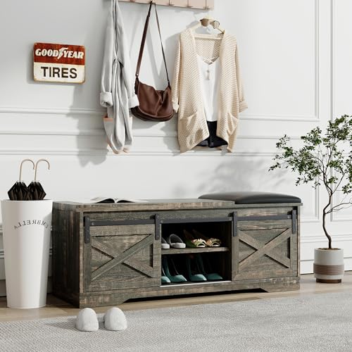 Antique Gray 2-Tier Shoe Bench with Storage and Padded Cushion C849079