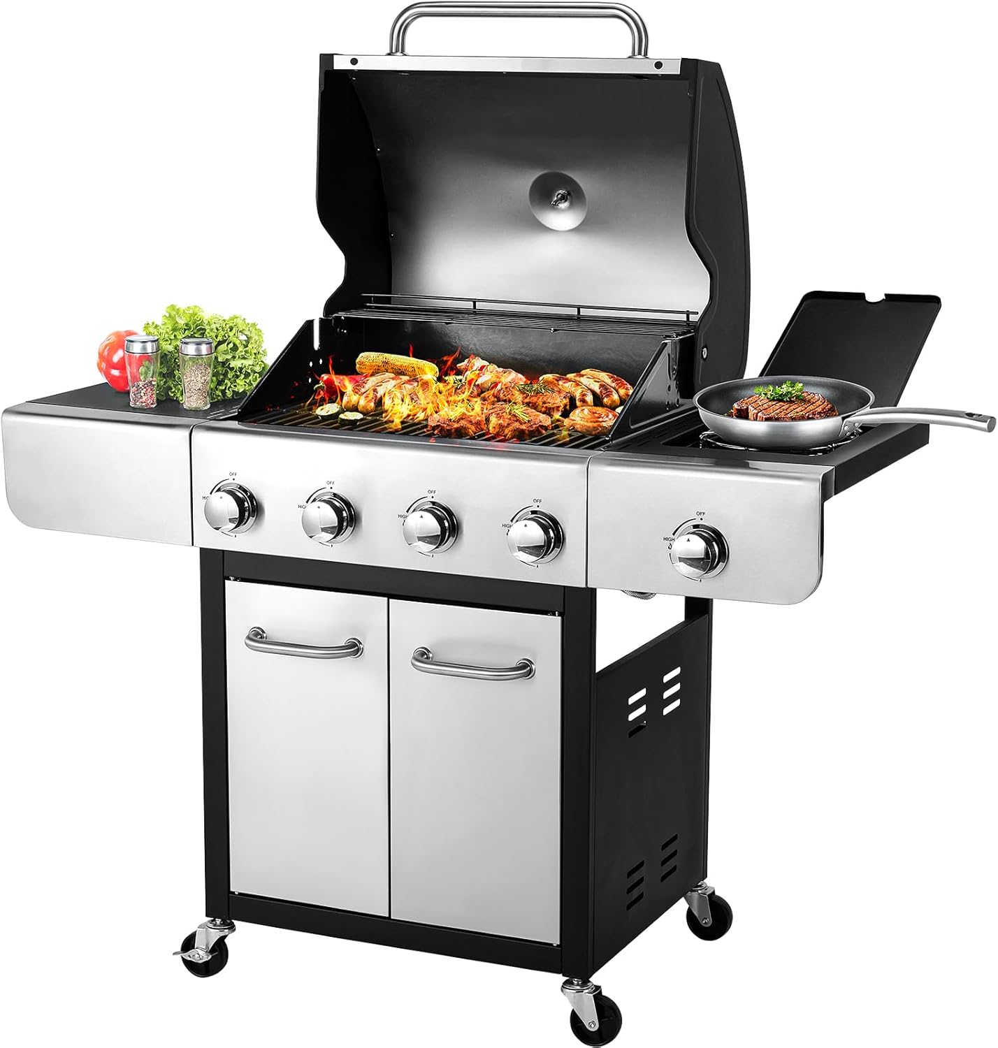 4-Burner Stainless Steel Propane Gas Grill with Side Burner L49776