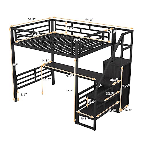 Full Size Metal Loft Bed with Desk and Storage Stairs Y425