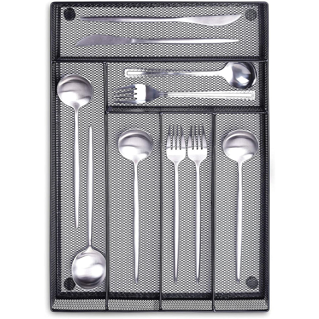 Black Metal Mesh Kitchen Flatware Organizer Tray with Non Slip Mat N8456