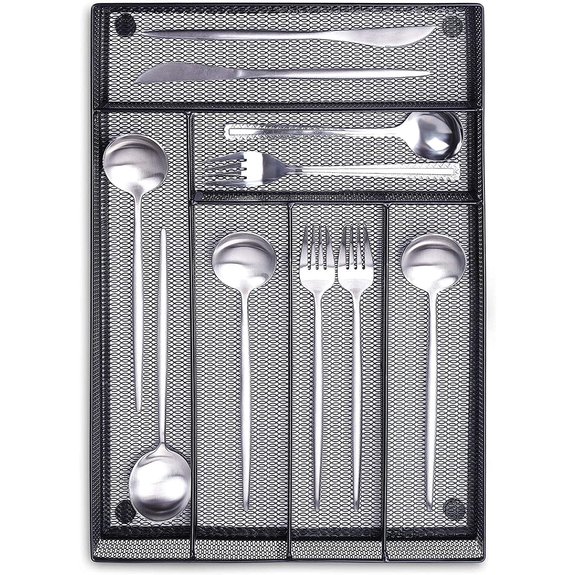 Black Metal Mesh Kitchen Flatware Organizer Tray with Non Slip Mat N8456