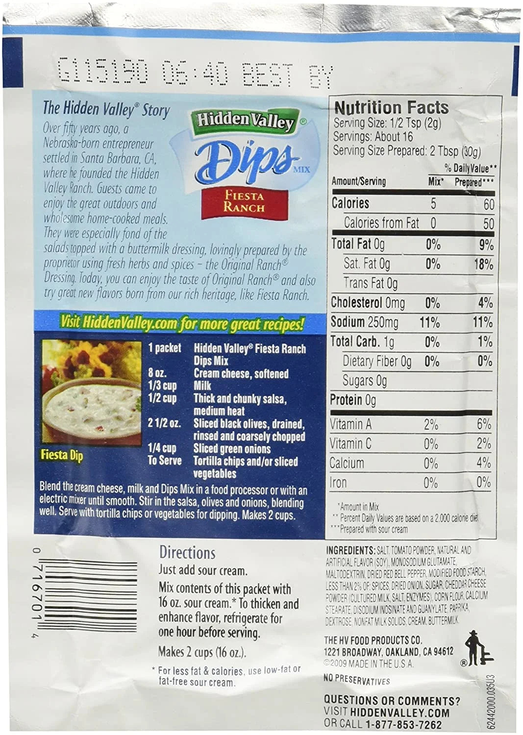Fiesta Ranch Dips Mix, 1.1 Ounce (Pack of 6) W71755