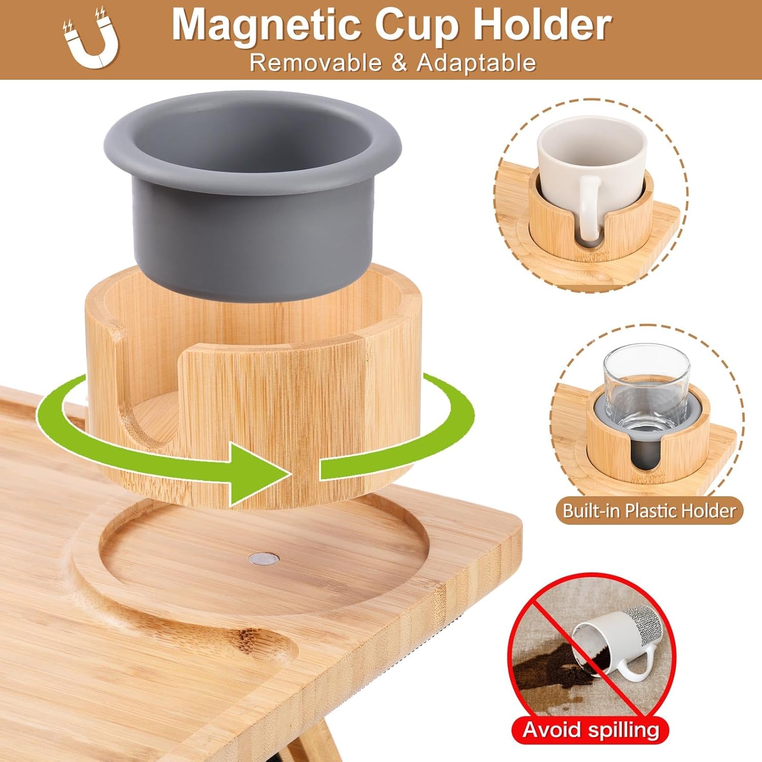 Sofa Arm Tray with Couch Cup Holder and 360° Rotating Phone Holder W240229
