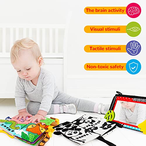 Tummy Time Mirror with Soft Crinkle 3D Cloth Book and Teethers Toys, Black and White Sensory Toys P17668
