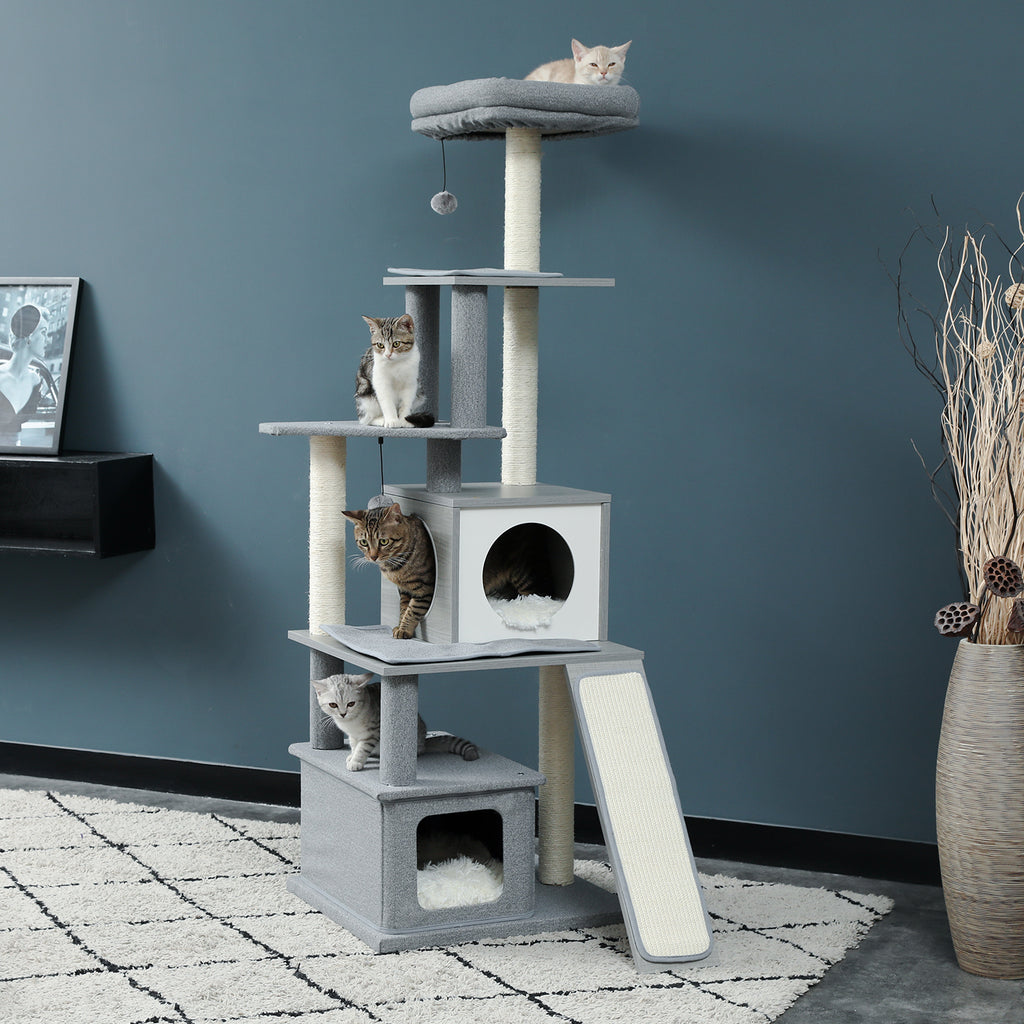 Grey Wood Cat Tree with Sisal Scratching Post Q900165