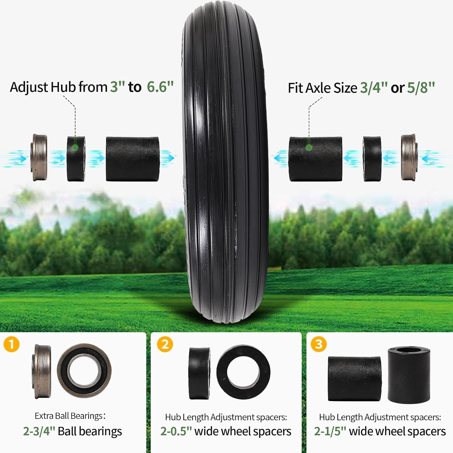 Flat Free Solid Wheelbarrow Tire with 3/4 & 5/8 Wheel Bearing 3" Hub V146074
