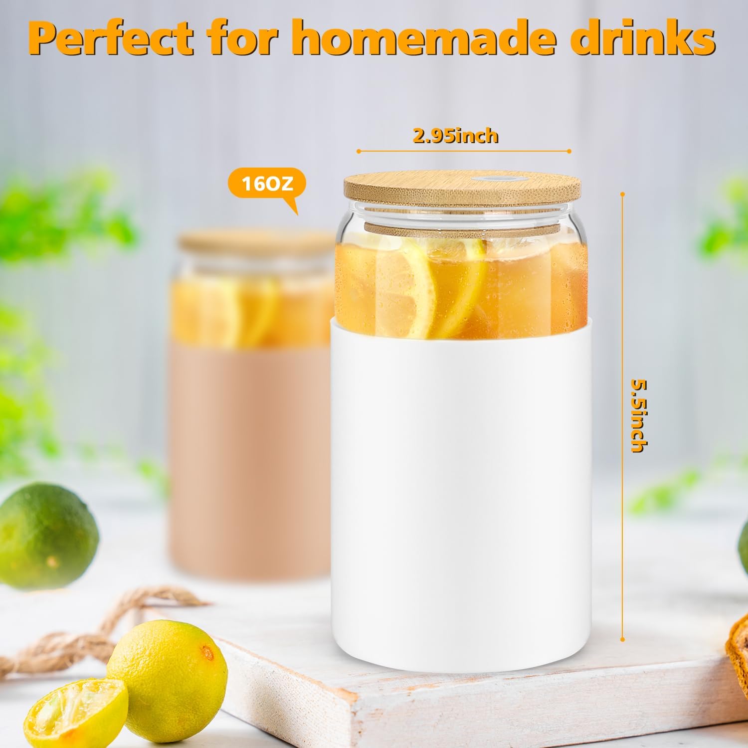 16OZ Glass Cups with Bamboo Lids and Straws 2 Pack S3089