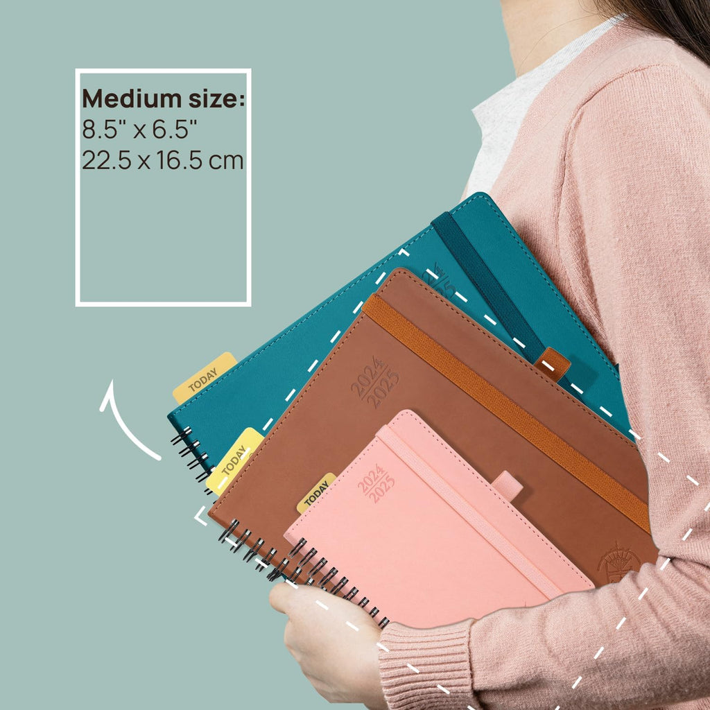 Planner 6.5'' x 8.5'' Academic Year Calendar July 2024 - June 2025 with Hourly Time Slots, Leather Cover - Grey Y223