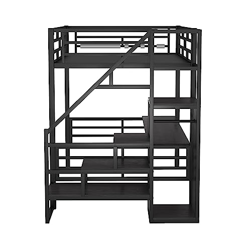 Full Size Metal Loft Bed with Desk and Storage Stairs Y425