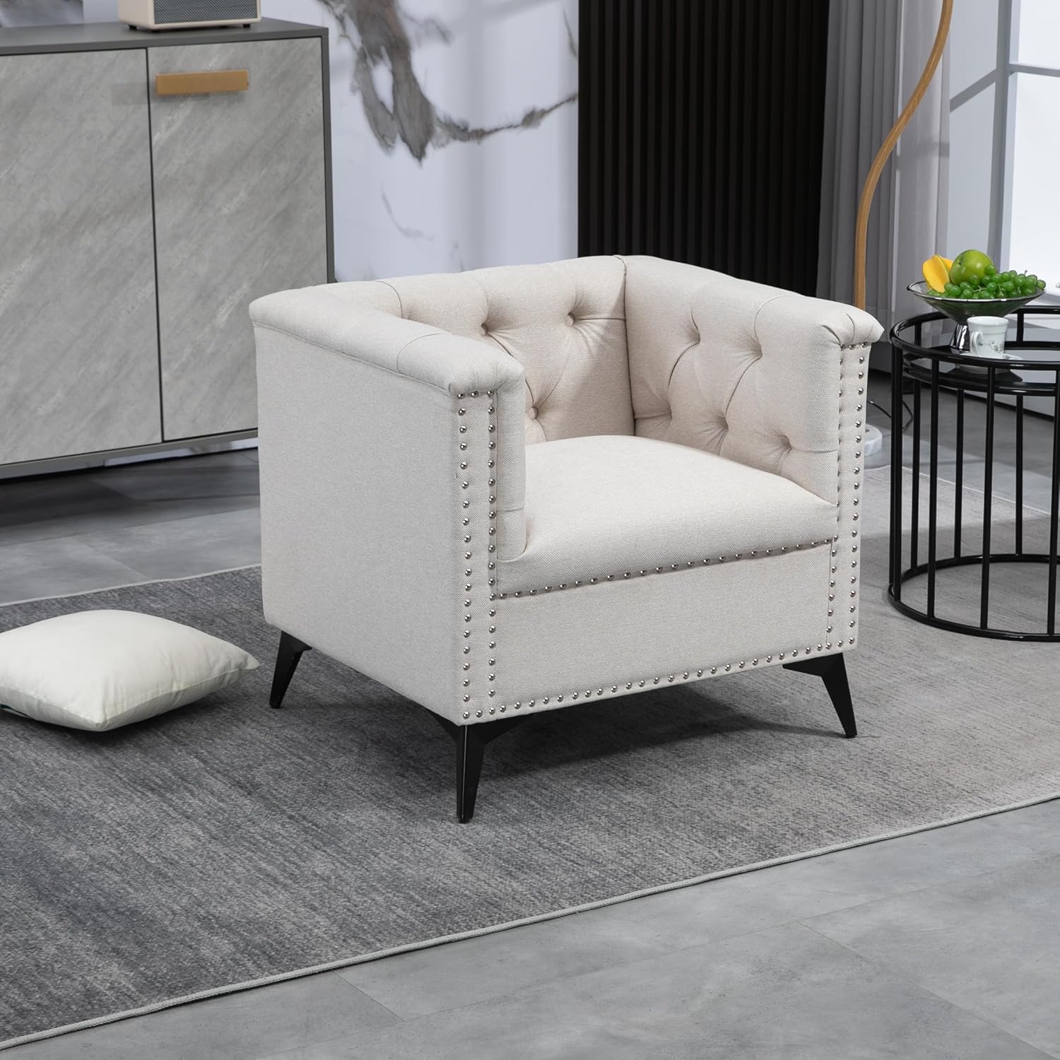 Beige Linen Fabric Accent Arm Chair O63948