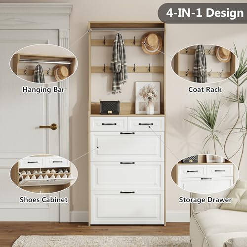 Rustic White Wooden Hall Tree with 5 Coat Hooks and 2 Shoes Cabinets G727545