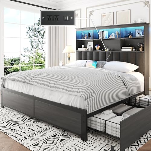 Rustic Grey Queen Bed Frame with Headboard, 4 Storage Drawers, Charging Station, LED N759