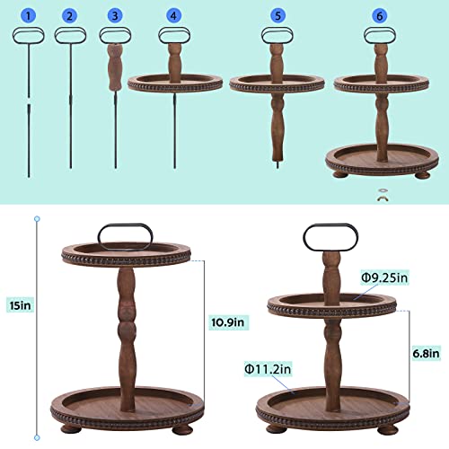 Dark Brown Wooden Two Tiered Serving Tray with Metal Handle S764