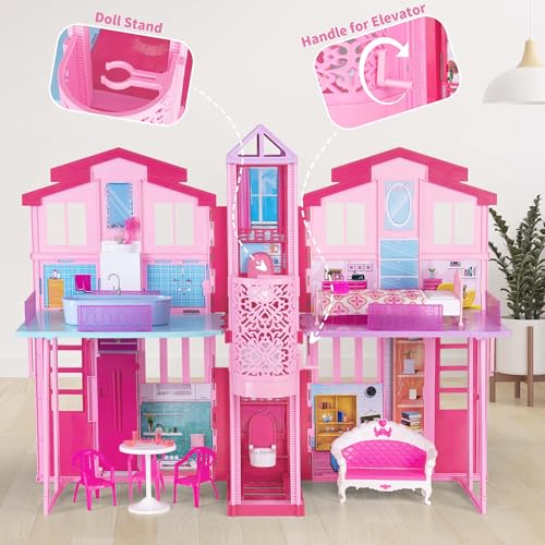 2-Story Foldable Dollhouse with 4 Rooms & Elevator D155033