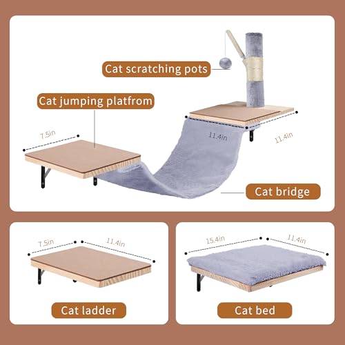 Beige Cat Wall Furniture Set with Hammock and Scratching Post E634