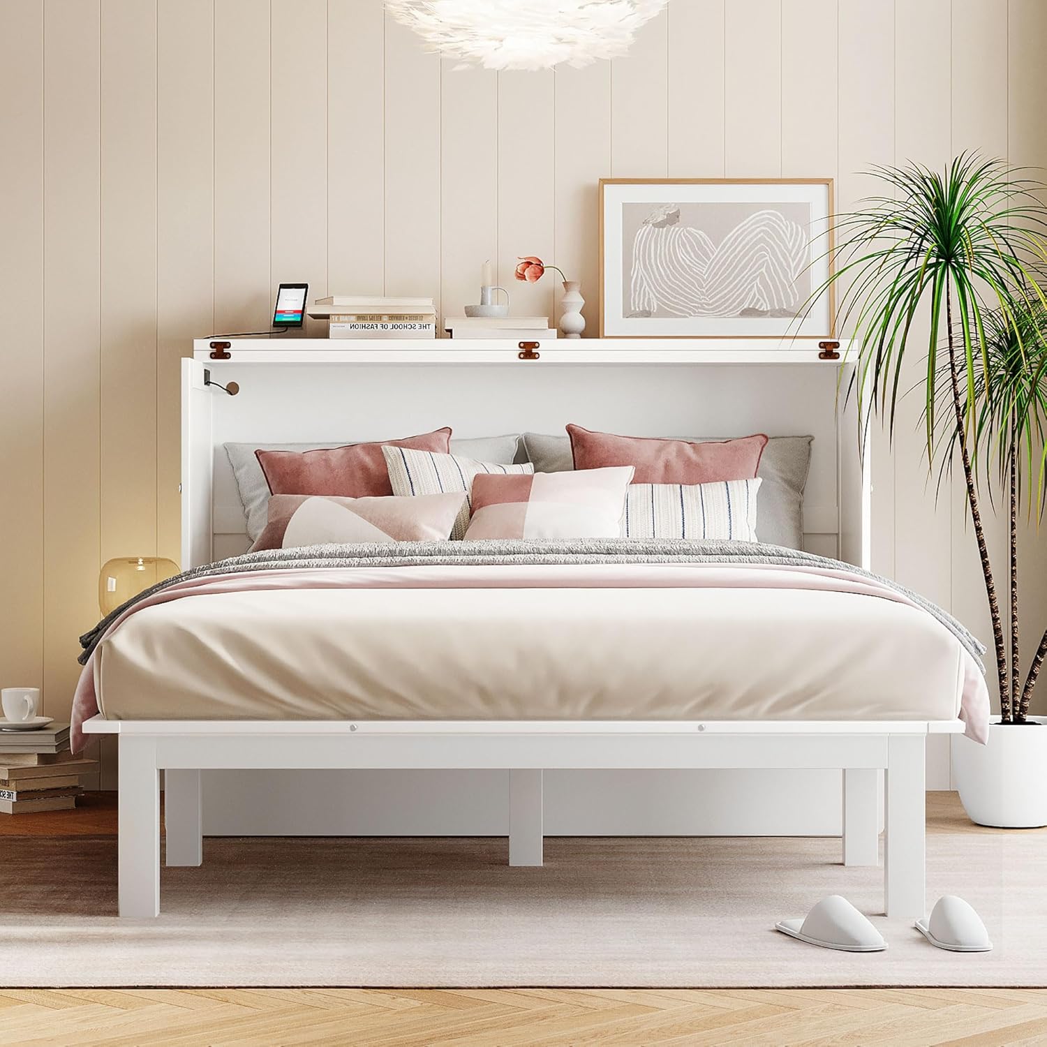 White Queen Wooden Murphy Bed with Desk Board and Removable Shelves O868387