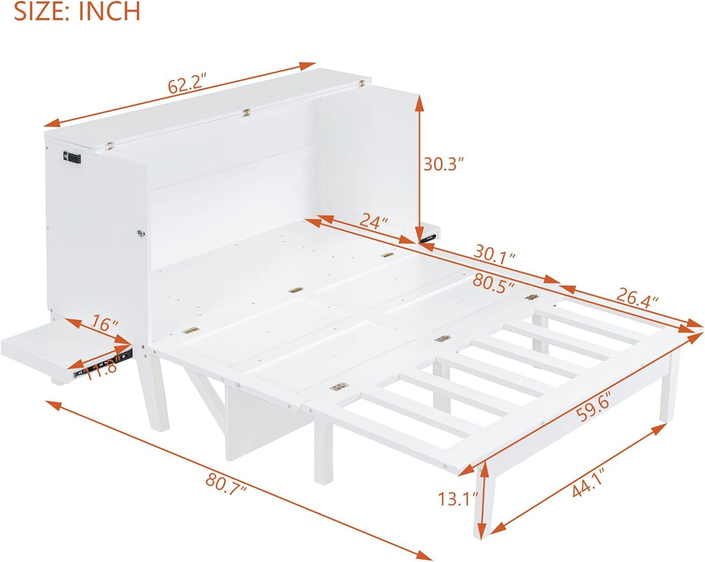 White Queen Wooden Murphy Bed with Desk Board and Removable Shelves O868387