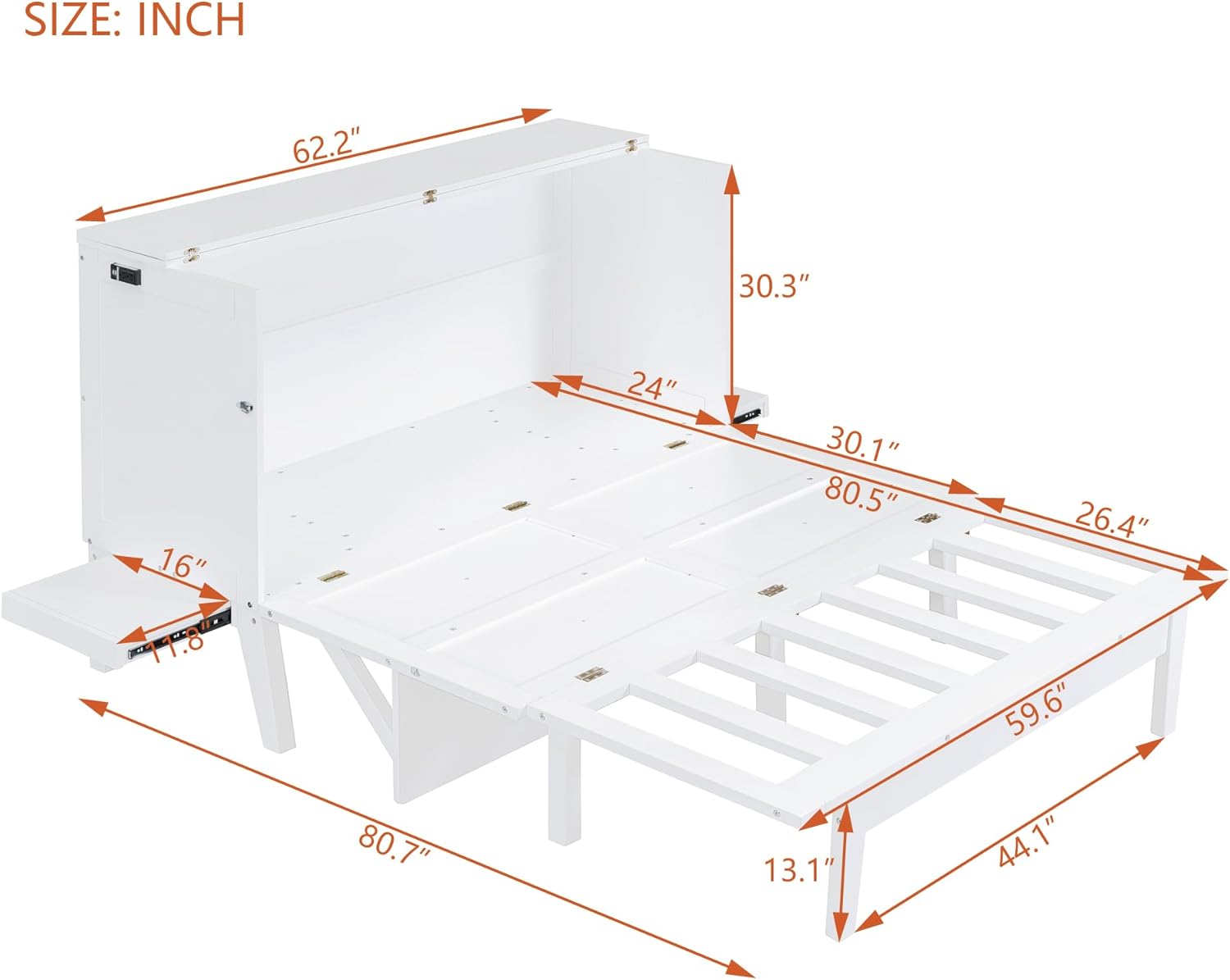 White Queen Wooden Murphy Bed with Desk Board and Removable Shelves O868387