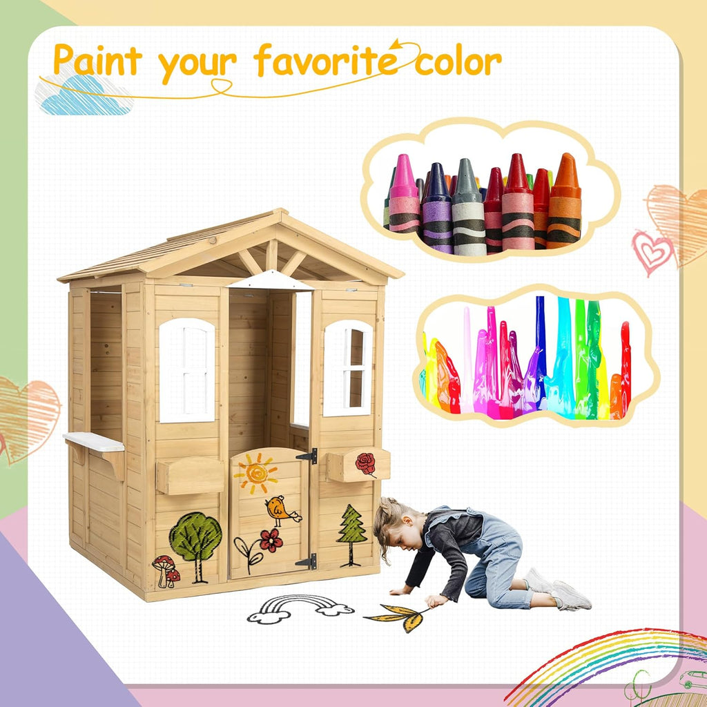 Wooden Playhouse with Door, Windows, Mailbox, Bench, Flowers Pot Holder, 39" x 38" x 55.5" N89446