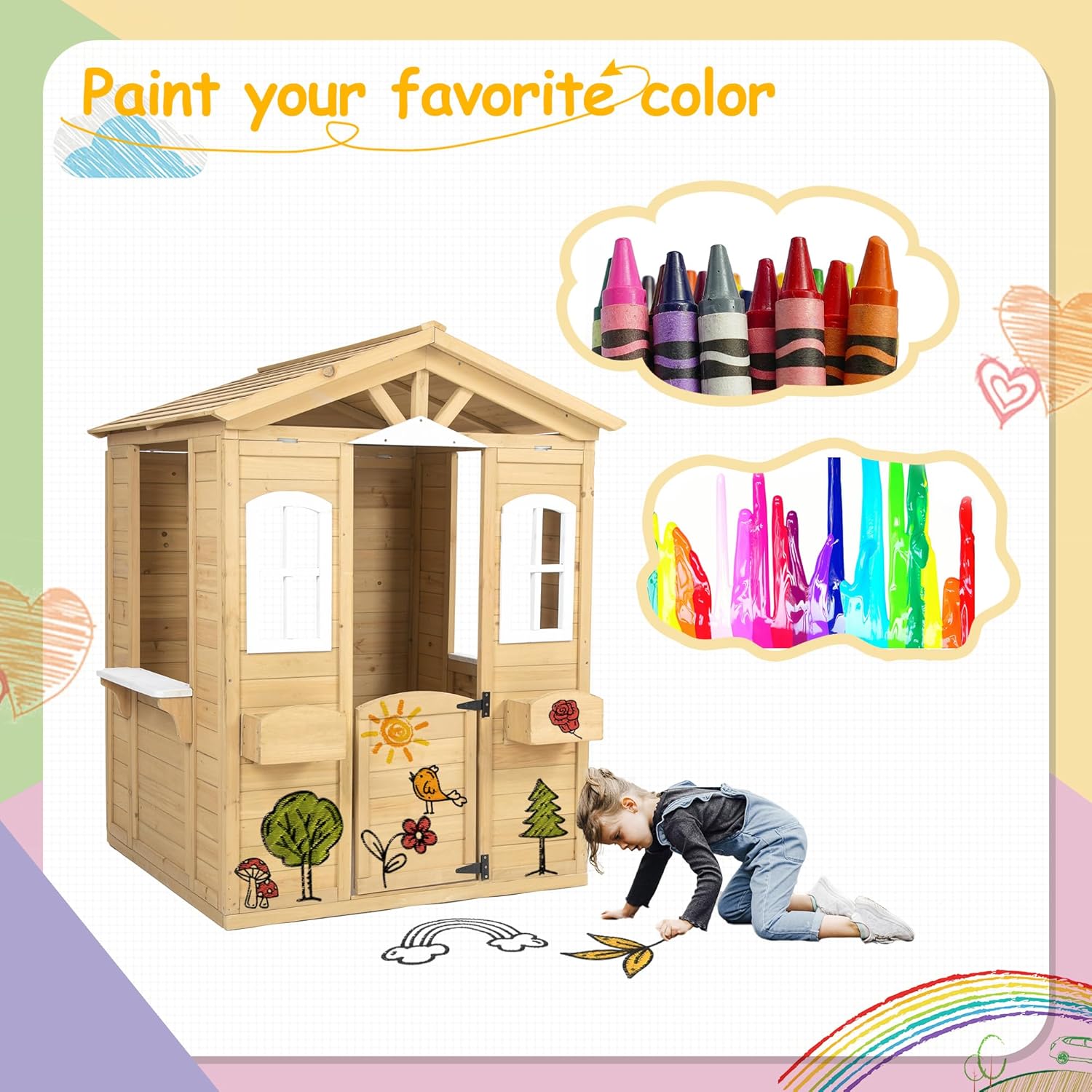 Wooden Playhouse with Door, Windows, Mailbox, Bench, Flowers Pot Holder, 39" x 38" x 55.5" N89446