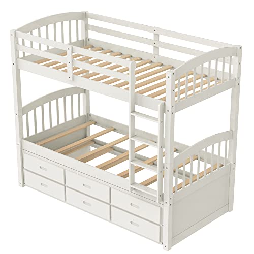 Twin Over Twin Bunk Bed with Storage Drawers and Trundle, Solid Wood (White) P60402