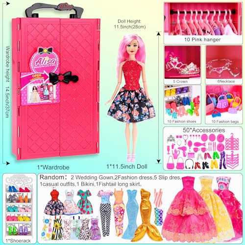 105 Pcs Doll and Closet Playset Wardrobe Set Including One Doll Wardrobe Shoes Rack Dress Shoes Hangers Necklace D719