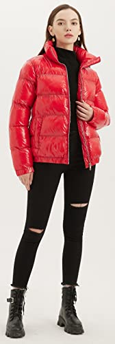 Metallic Shiny Puffer Jacket Quilted Winter Warm Zip Stand Collar Padded Short Bubble Coat L351218