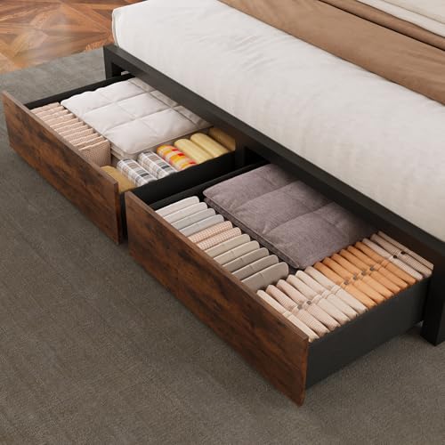 Brown Full Bed Frame with Bookcase Storage Headboard and 2 Storage Drawers Q581